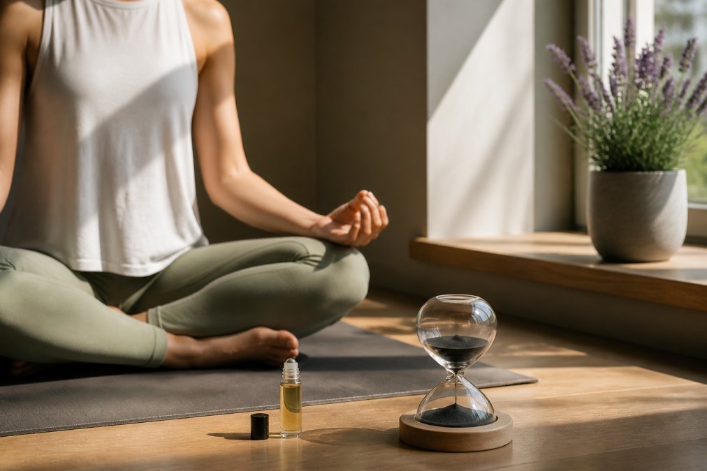 Person sitting cross-legged on yoga mat with small potted lavender plant on windowsill, essential oil roller nearby, glass meditation timer on wooden surface in bright morning light