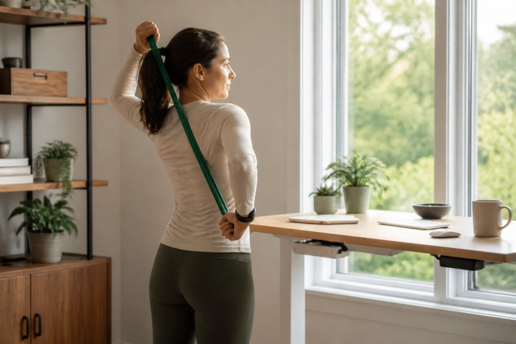 Remote worker at standing desk taking mindful break, using resistance band for shoulder stretch with proper posture, bright home office with natural window light