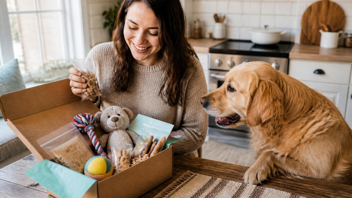 Diagram showing the step-by-step process of unboxing a monthly pet supply subscription package at home
