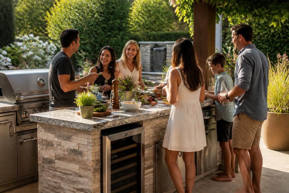 Family gathering around a modern outdoor kitchen island with built-in 6-burner stainless steel grill, granite countertops, wine cooler, and people preparing food while socializing in a backyard patio setting with natural afternoon lighting