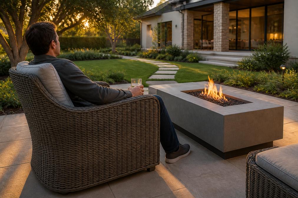 Person relaxing in high-density cushioned wicker chair next to a modern fire pit table in a manicured backyard, warm evening light casting long shadows across patio stone