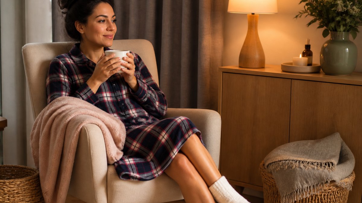 A woman in a soft flannel nightgown sitting in a cosy armchair with a cup of tea, wearing plush socks, warm lamp light and a folded blanket nearby