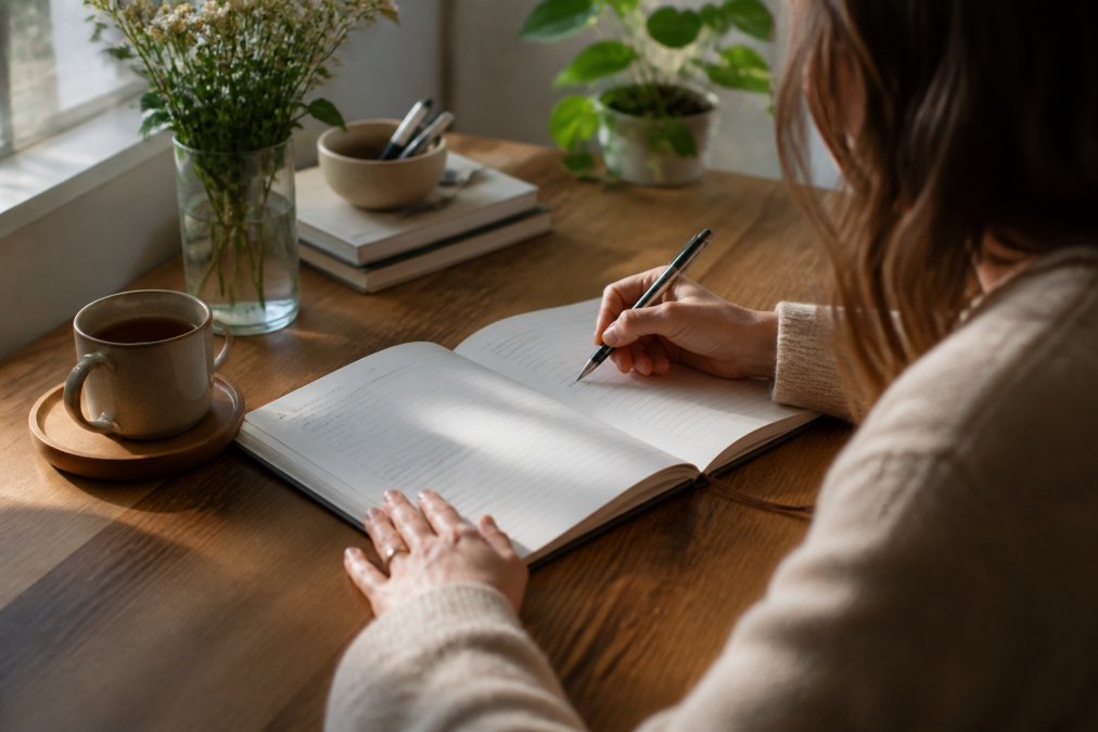 Person sitting at a wooden desk with an open guided journal, a warm cup of tea nearby, morning sunlight streaming through a window, thoughtfully writing with a pen