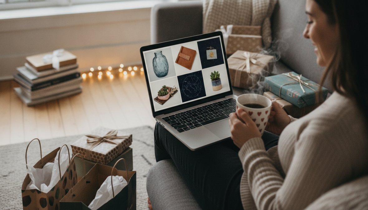 Person browsing curated gift items on a laptop in a cozy home setting, surrounded by wrapped gifts and shopping bags, showing thoughtful gift selection process
