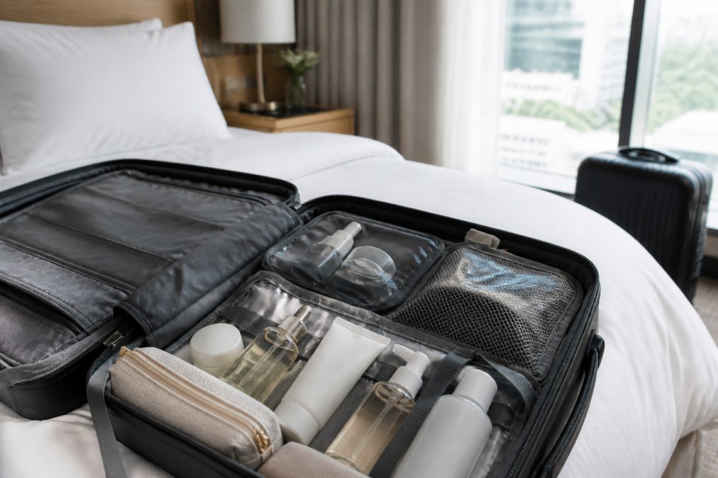 Business traveler's open carry-on luggage with compact skincare bottles and products neatly organized, hotel room background with natural light