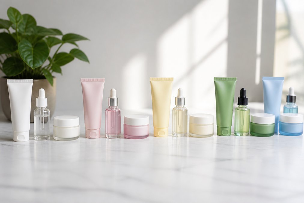 A flat lay of five distinct skincare sets on a clean white counter, each with a cleanser, serum, and moisturizer, arranged in a neat row with soft natural light