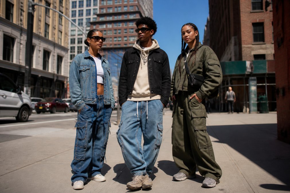 A diverse group of three young people in coordinated street-ready outfits mixing denim staples, athleisure pieces, and bold utility outerwear, standing on a city sidewalk under bright midday sun