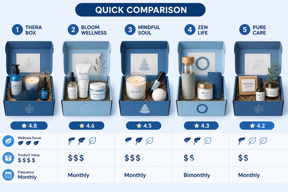 Flat lay of several open wellness subscription boxes on a white surface, showing skincare products, candles, aromatherapy items, and small wellness accessories arranged neatly in soft natural light