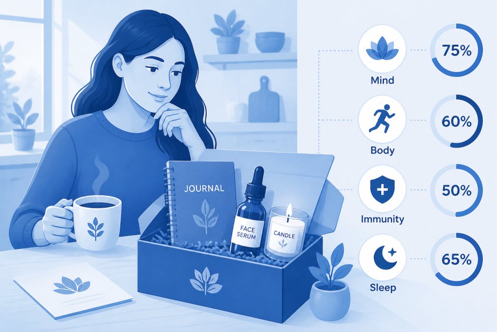 Woman sitting at a kitchen table with a cup of tea, reviewing wellness subscription box contents including a small journal, a face serum, and a candle, looking thoughtful and relaxed in warm morning light