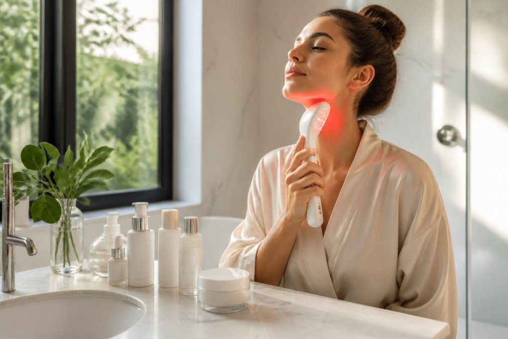 Woman using an LED therapy device for skincare among curated wellness products in a sunlit modern bathroom.