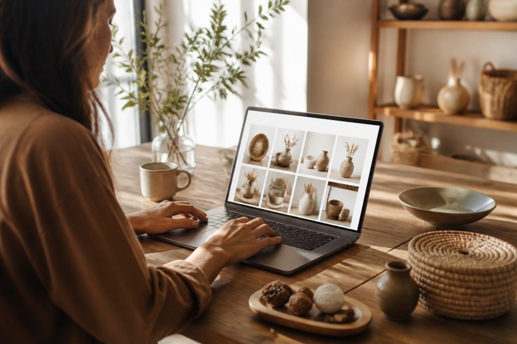Close-up of hands browsing an online marketplace on a laptop, with artisan home accessories and handcrafted items visible on the screen, warm natural lighting from a window