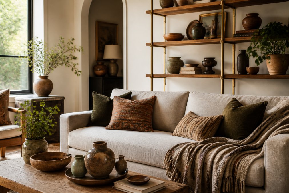 Well-styled living room featuring handcrafted ceramics in warm earth tones, vintage textiles on a linen sofa, artisan-made wooden shelving with brass accents, and carefully arranged decor pieces showing how different curated items work together harmoniously with natural light streaming through windows