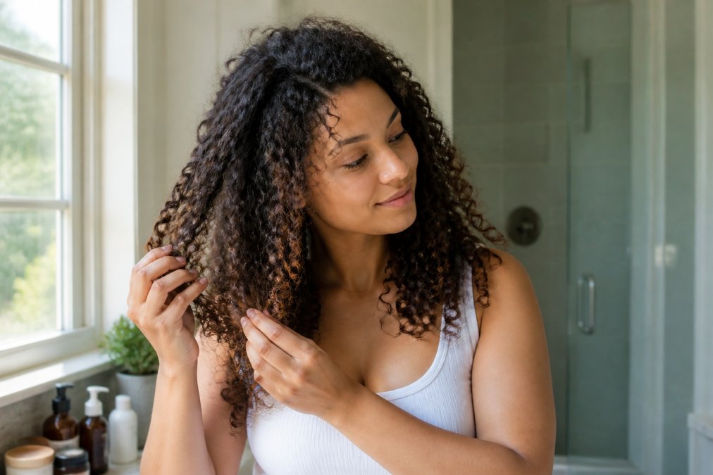 A woman with defined, bouncy curls gently touching a section of her hair, inspecting the shine and moisture in a bright bathroom with soft natural light from a nearby window