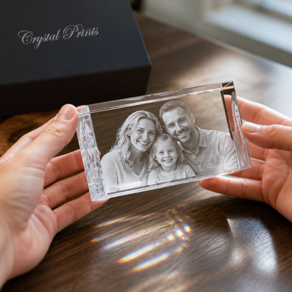 Close-up of hands holding a rectangular optical crystal block with a 3D laser-engraved portrait of a family visible inside, soft window light creating prismatic refractions on a wooden table