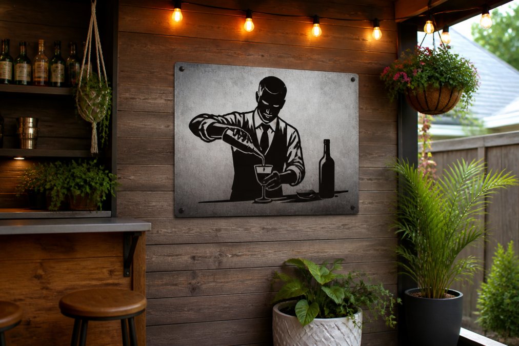 A personalized aluminum bar sign mounted on a backyard patio wall beside a home bar setup, with potted plants and warm string lights, showing the sign in a real outdoor setting