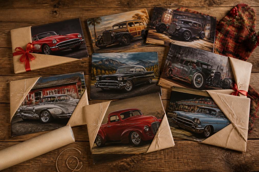A flat-lay arrangement of several colorful aluminum metal signs spread across a rustic wooden table, showing car-themed and vintage-style designs with bold graphics, pre-wrapped with kraft paper and ribbon as gifts