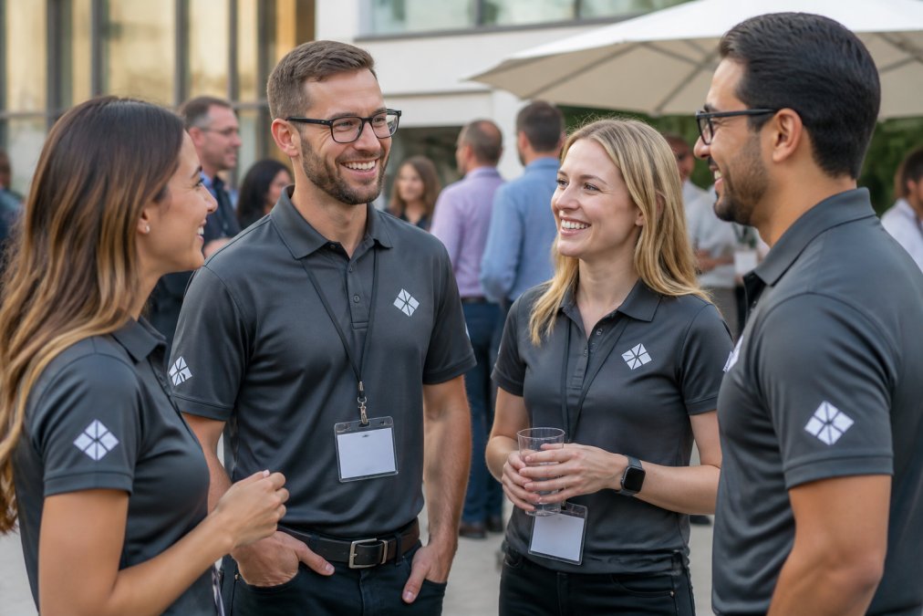 Team of professionals wearing matching custom branded apparel at corporate event, showing logo placement on chest and sleeve, professional branding in action with natural outdoor lighting