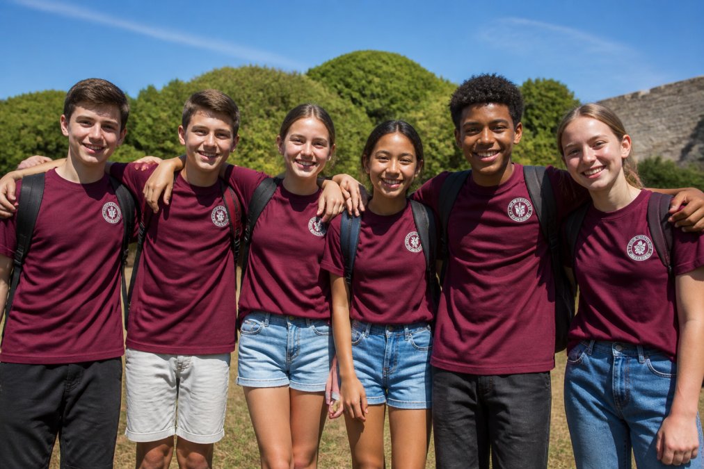 A diverse group of middle school students wearing matching custom field trip t-shirts with coordinated school colors and embroidered logo, standing together outdoors with visible excitement and genuine school spirit on a sunny day