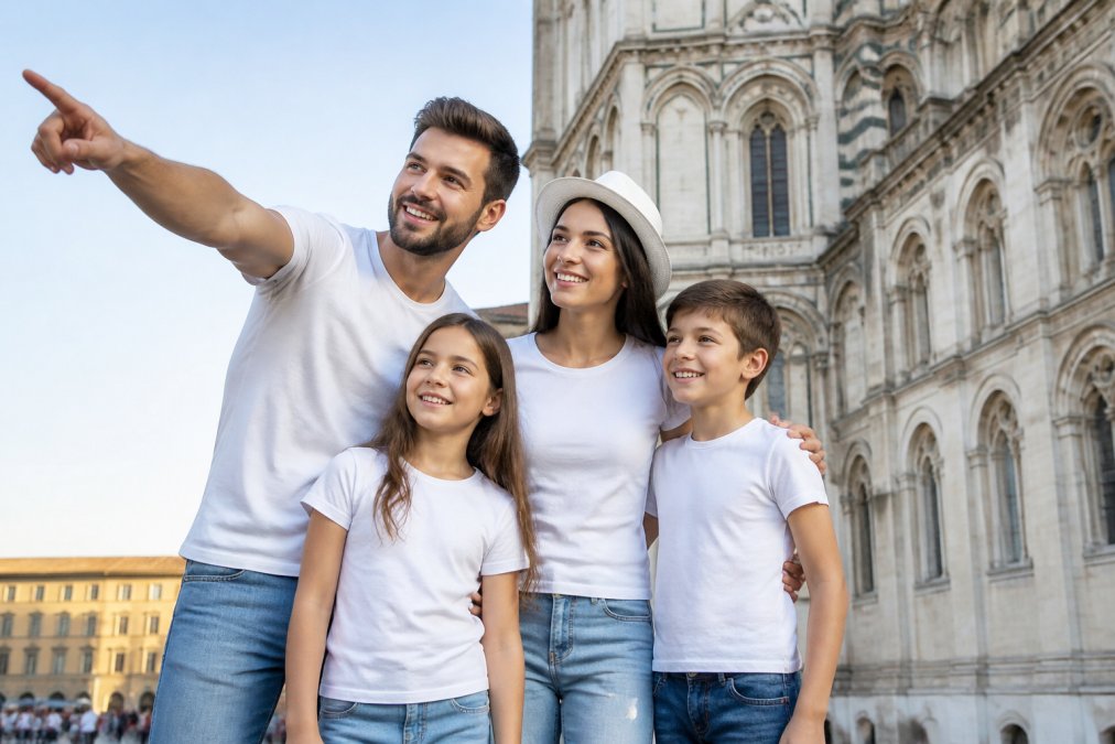A happy family of four wearing matching custom t-shirts, smiling and pointing at a landmark during a sunny outdoor vacation