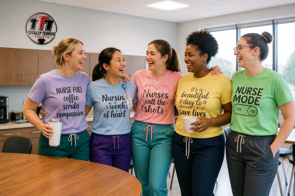 Nurses laughing in a break room while wearing colorful custom apparel for nursing groups with fun designs