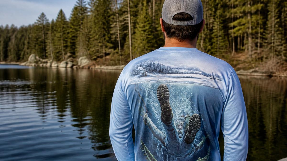 Person wearing custom long-sleeve fishing shirt outdoors, standing near water with detailed back artwork visible showing an ice-hole escape scene, natural daylight with trees in background