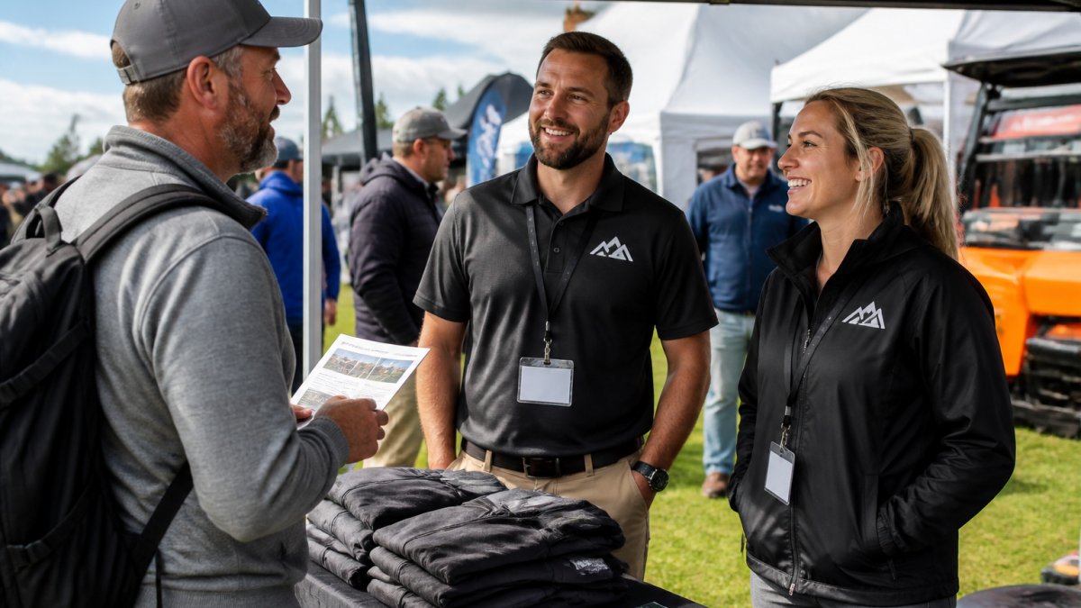 Booth staff wearing the best custom apparel for outdoor trade shows, featuring embroidered polos and branded jackets.