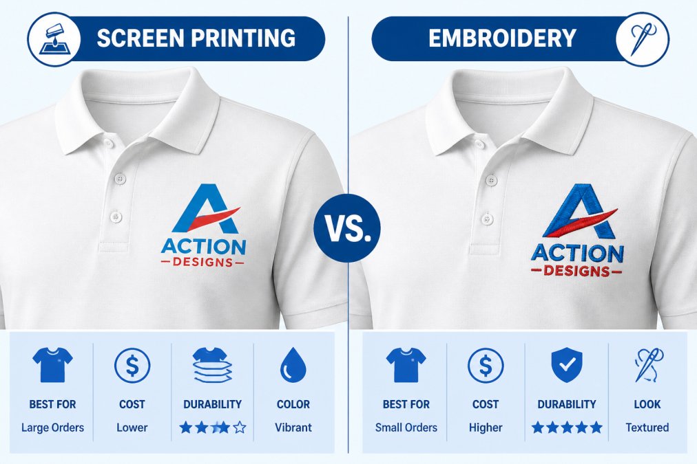 Two polo shirts displayed side by side on a clean white background, one featuring a vibrant screen-printed logo in bright blue and red with sharp edges, the other showing an embroidered logo with dimensional texture and visible stitching detail catching light