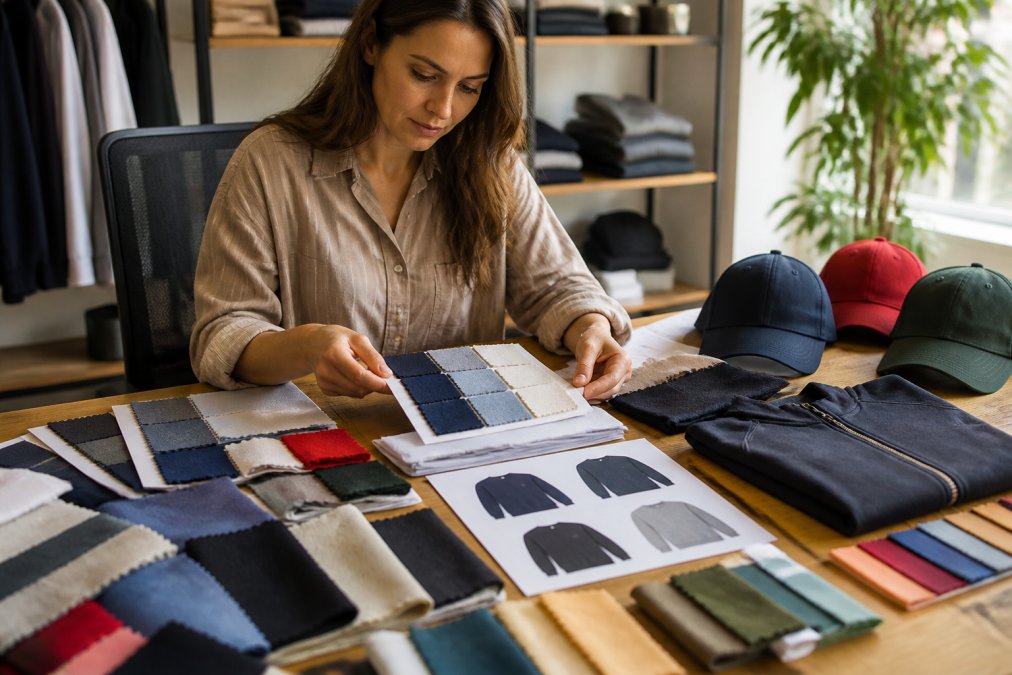 Small business owner seated at a desk examining multiple fabric samples and embroidered apparel swatches spread across the surface, with a tablet displaying design proofs and color matching tools, surrounded by branded merchandise samples in various colors