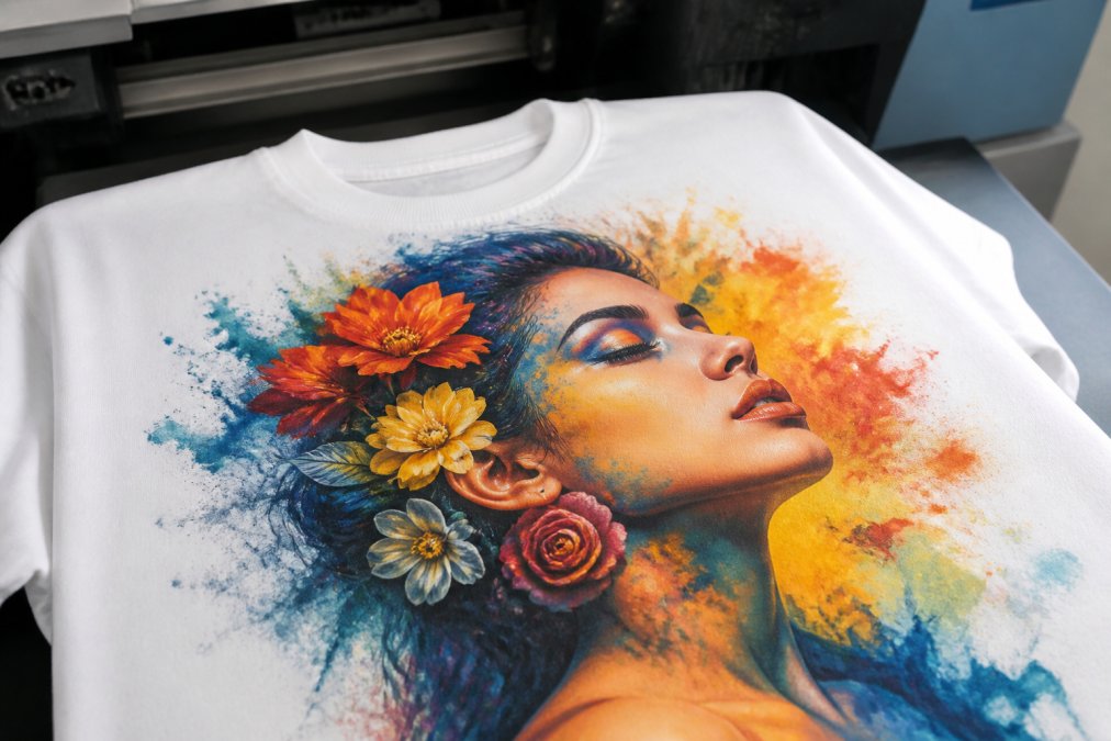 Close-up of vibrant, detailed custom t-shirt design fresh off a DTG printer showing rich color saturation and fine detail clarity on white cotton garment, with visible color gradients and photographic elements