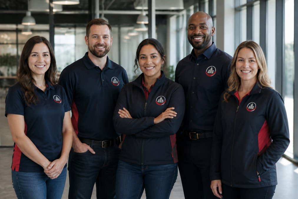 Professional team wearing matching branded uniforms with embroidered logos and screen-printed designs visible, standing in modern office setting with natural lighting, showing contrast between embroidery and screen print durability