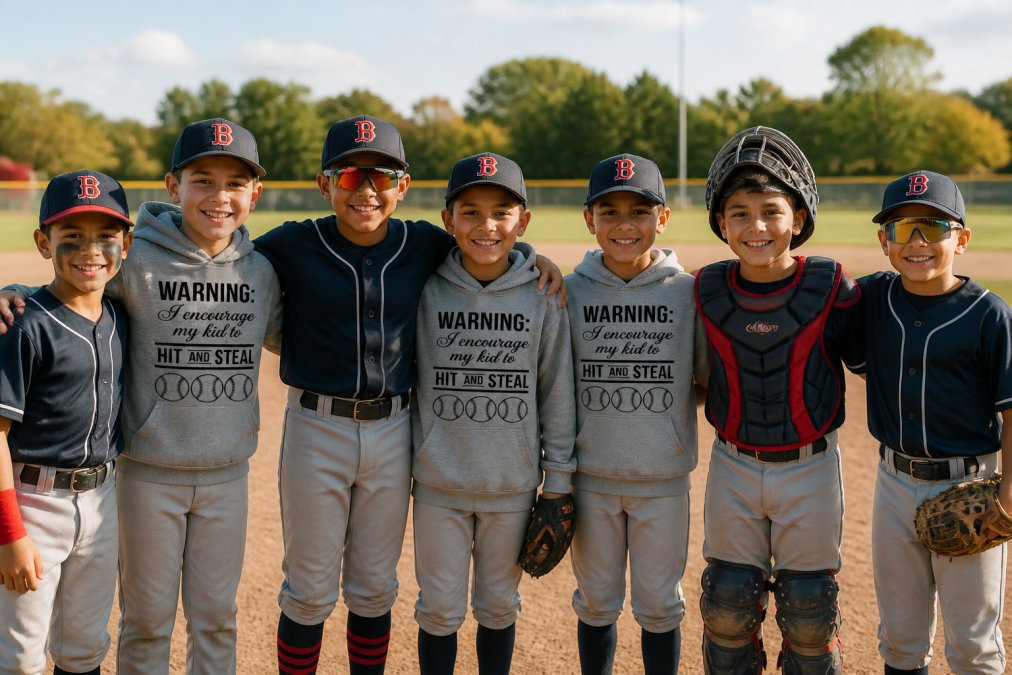 A youth baseball team wearing matching custom jerseys and hoodies standing together on a field, showing variety of apparel styles and colors, with natural afternoon sunlight illuminating the players