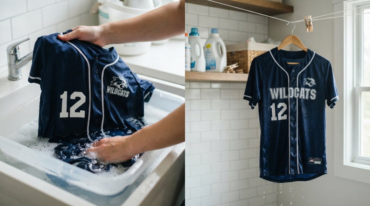Close-up of a custom-printed sports jersey being washed in cold water and hung to dry, showing the durability and quality of screen-printed graphics on the fabric