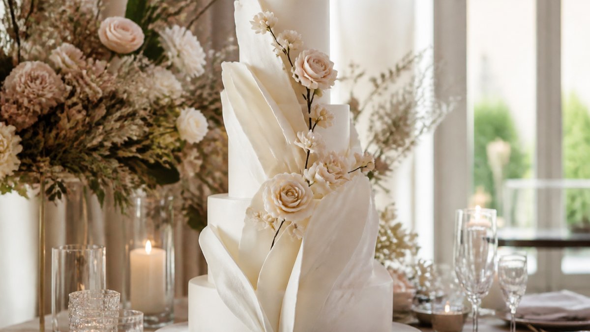 Elegantly decorated custom wedding cake with hand-crafted sugar florals and modern sculptural design displayed on a luxury event table with soft natural lighting
