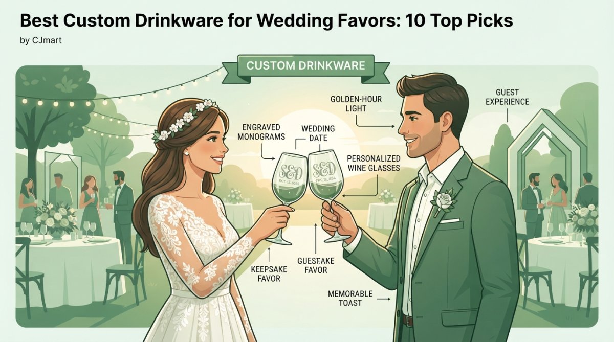 Bride and groom toasting with personalized custom drinkware at an outdoor wedding reception, showing engraved monograms and dates clearly on elegant wine glasses with natural golden-hour lighting