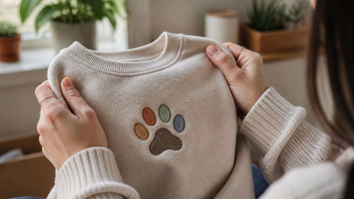 Close-up of a woman's hands holding a soft crewneck sweatshirt with colorful embroidered dog paw design, warm natural light, cozy home setting with plants in background