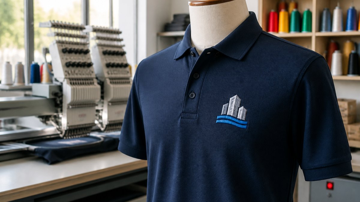 Close-up of a navy piqué polo shirt with a neatly embroidered company logo on the left chest, displayed on a mannequin in a bright workshop with natural daylight