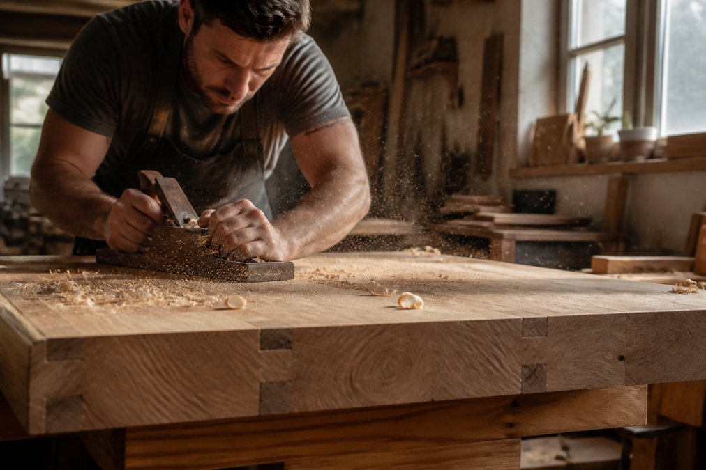 A craftsman in a well-lit workshop hand-planing a large solid wood table top, sawdust floating in warm afternoon light, detailed joinery visible at the edges