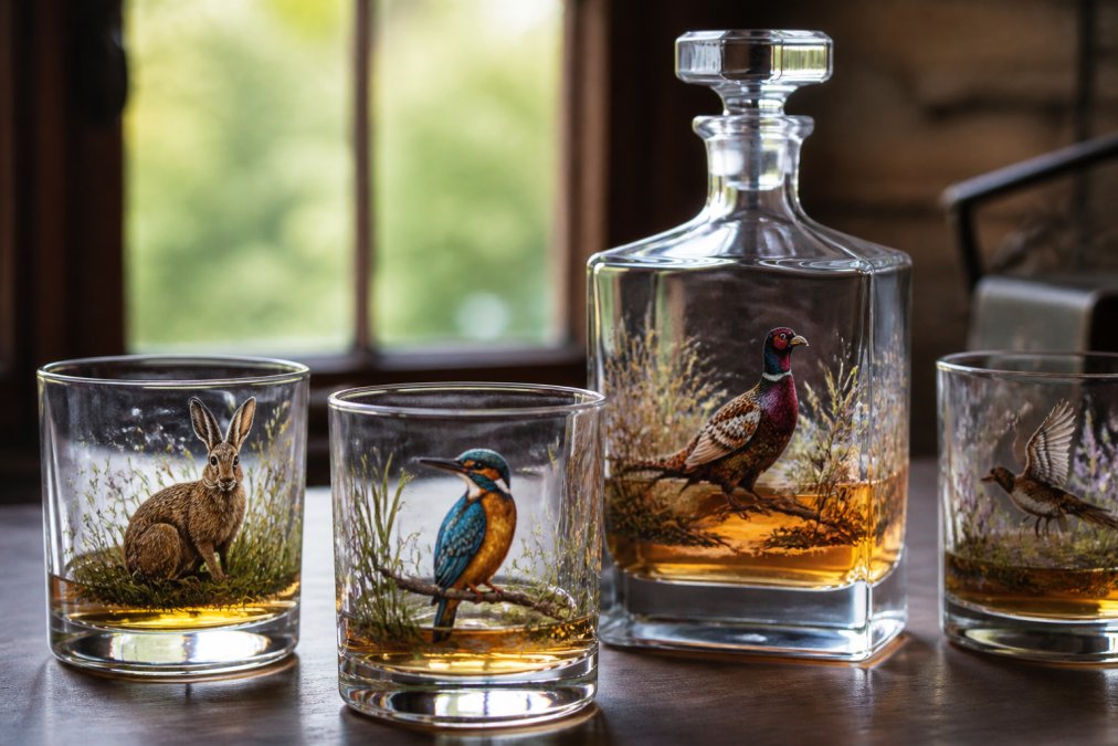 Close-up of hand-painted whisky glasses and a decanter featuring detailed British wildlife designs, arranged on a dark wooden surface with soft natural light