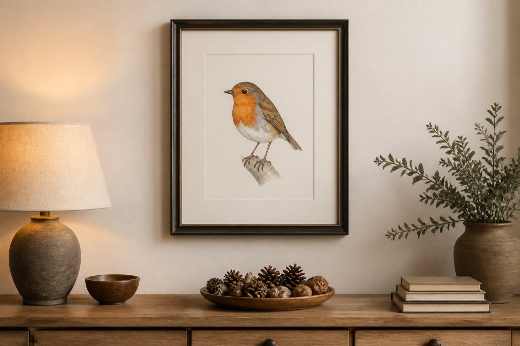 A framed signed wildlife art print of a British bird displayed on a light-coloured wall above a sideboard with natural home accessories, warm ambient lighting