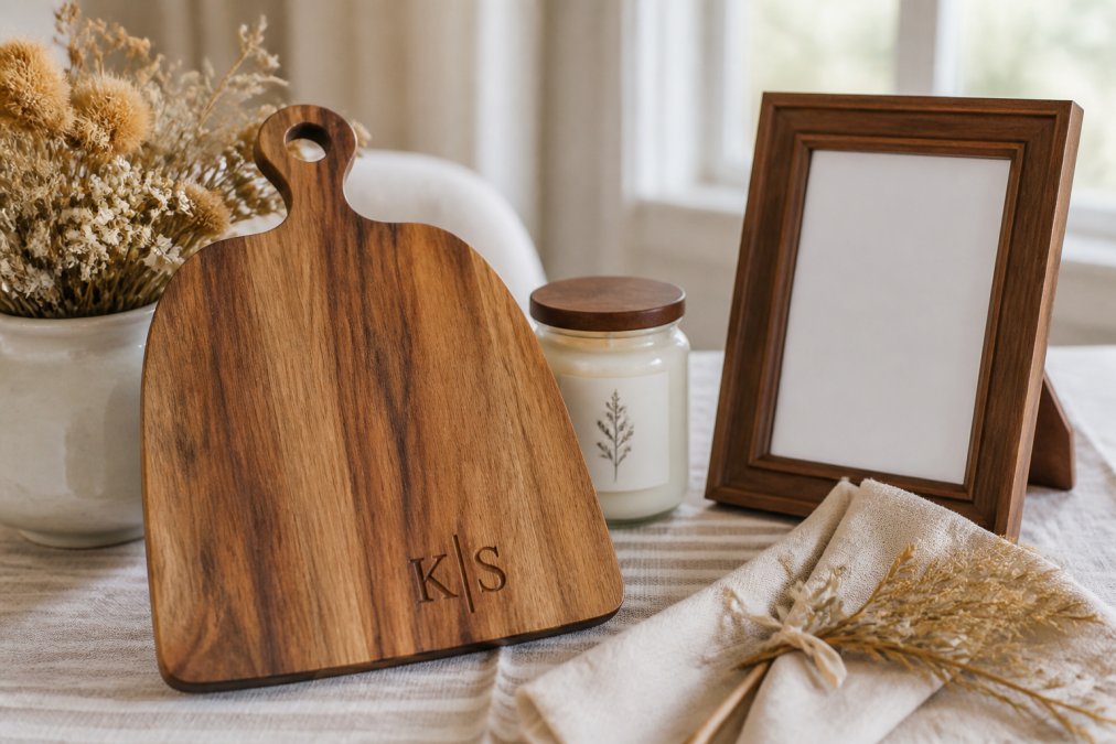 A warm, softly lit tabletop scene showing a handcrafted wooden cutting board engraved with a couple's initials, a custom candle, and a monogrammed frame arranged together with dried florals and a folded linen napkin, styled like a real home in natural window light