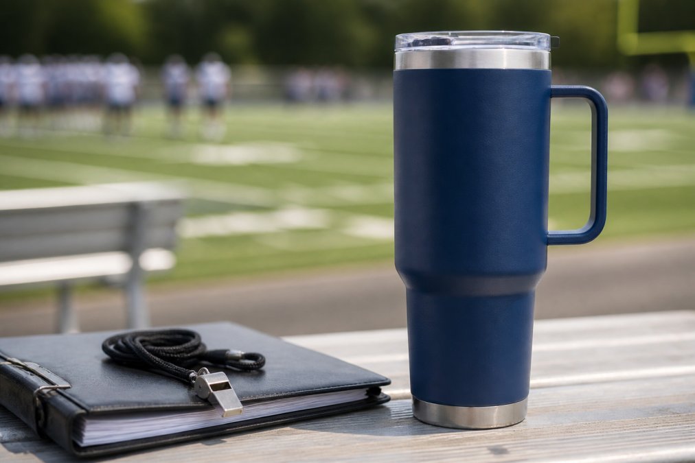 A matte navy 40oz stainless steel tumbler with a laser-engraved design sits on a wooden bench next to a whistle and a playbook binder, with a blurred sports field in the background