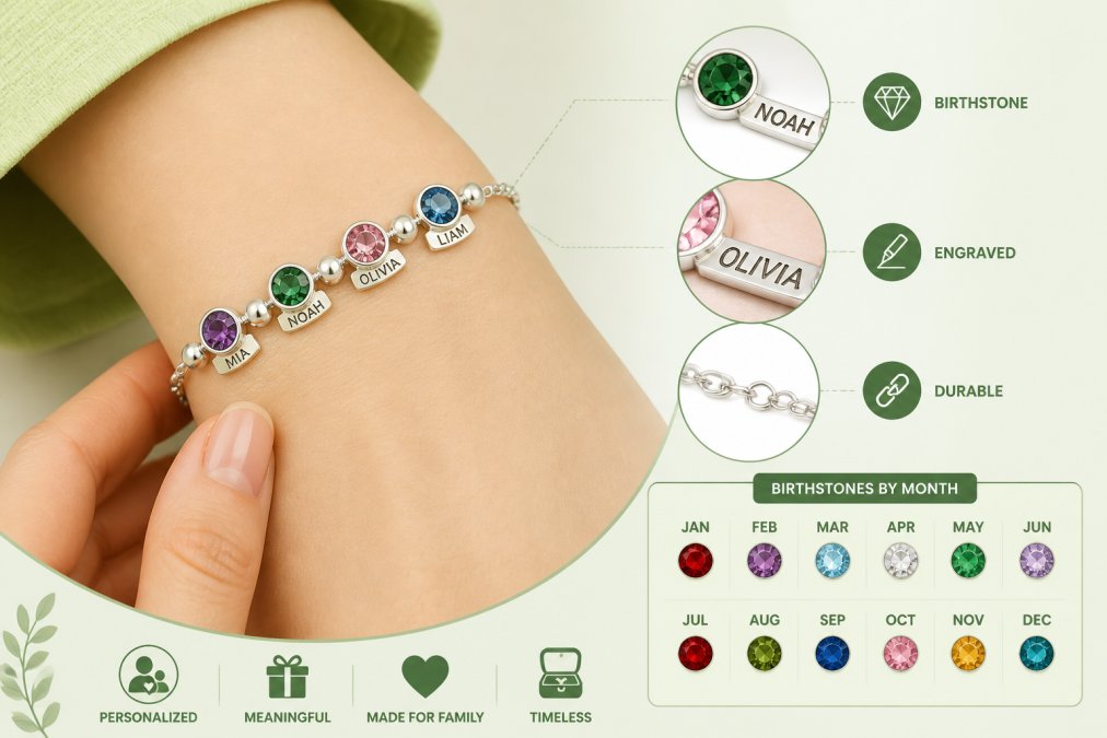 Close-up of a woman's hand wearing a personalized family birthstone bracelet with soft natural lighting, showing intricate details of engraved stones and metal work