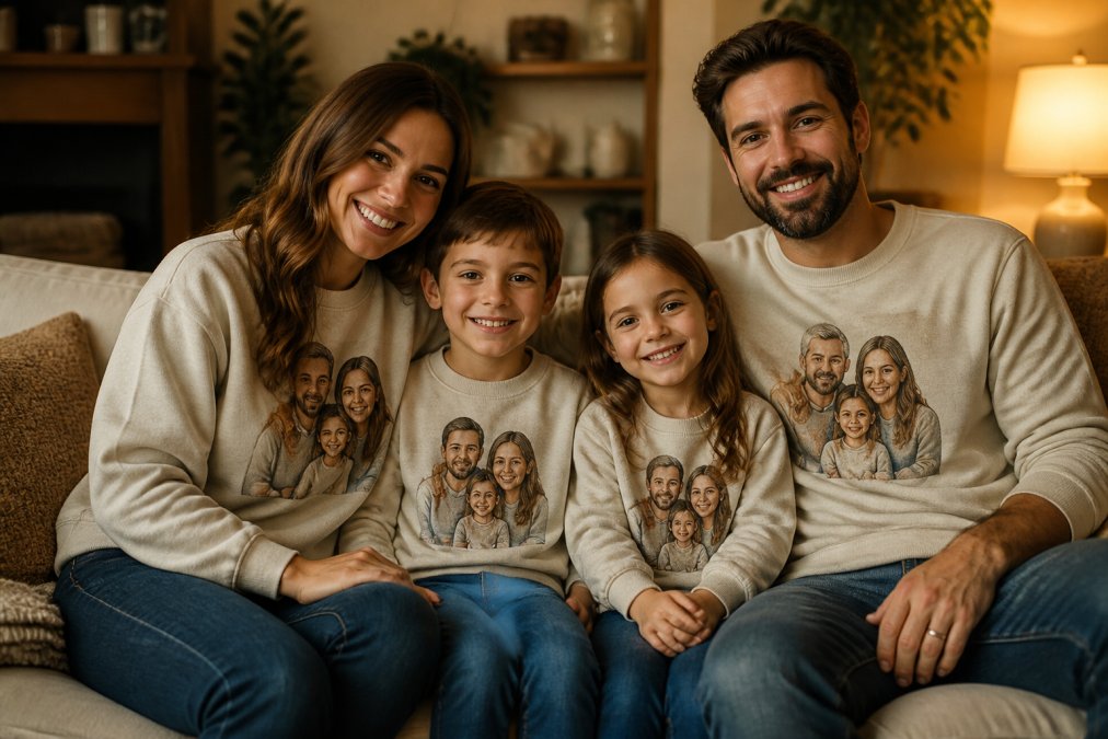 Family of four wearing matching custom portrait sweatshirts with embroidered family photos, smiling together in a cozy living room setting with warm lighting