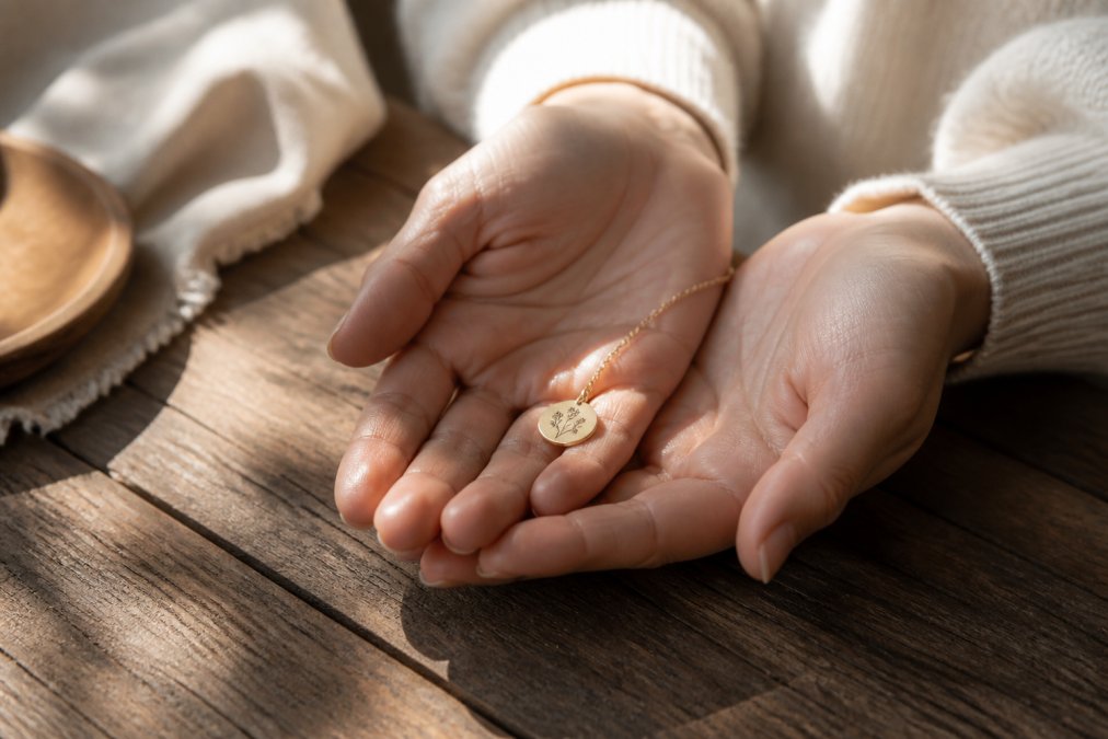 Close-up of a woman's hands cradling a delicate gold necklace with a small engraved pendant, soft natural light falling across a worn wooden surface, the pendant catching the light