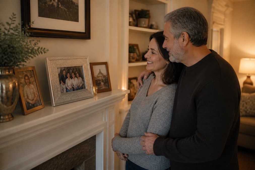 A couple in their mid-50s standing together in a warm, lamp-lit living room, smiling as they look at a custom photo frame displayed on a white-painted mantelpiece, the room filled with family photos and soft evening light
