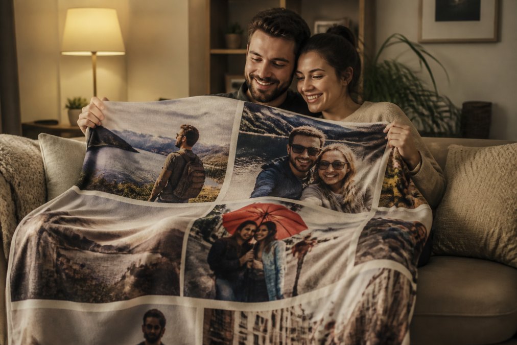 A smiling couple sitting close on a couch, holding a soft custom photo blanket printed with their travel pictures, warm lamp light glowing in a cozy living room