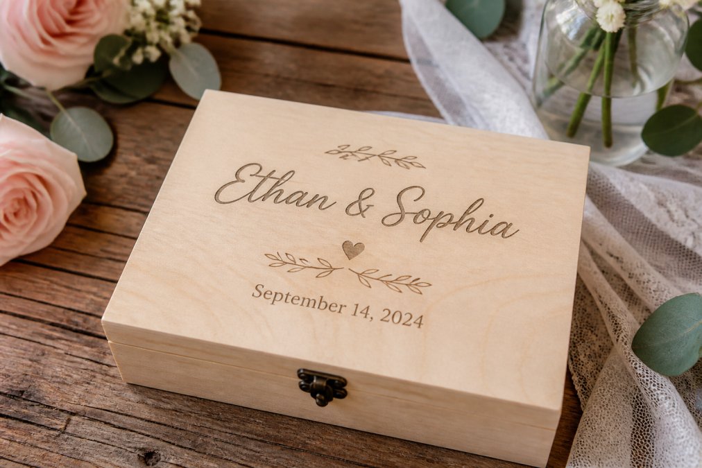 Infographic process showing laser engraving steps for the best custom gifts for weddings 2026 keepsake boxes