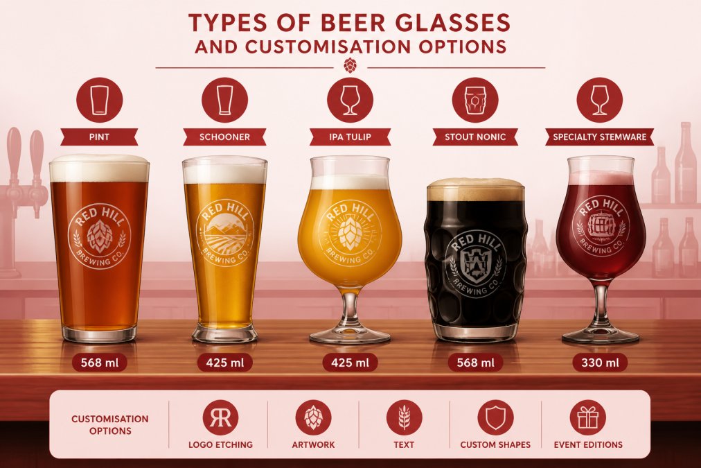 Professional arrangement of five different beer glass styles, pint, schooner, IPA tulip, stout nonic, and specialty stemware, displayed on a polished wooden bar counter with etched brewery logos visible on the glassware, warm bar lighting