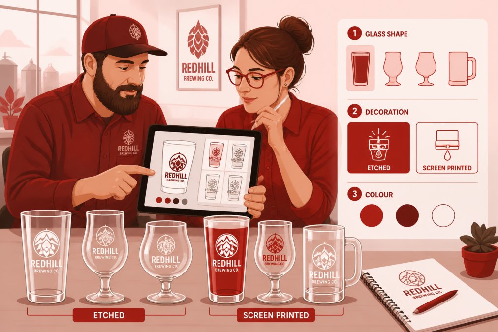 Brewery owner and graphic designer reviewing custom glassware artwork proofs on a tablet screen, with several sample etched and screen-printed glasses arranged on the table in front of them, natural daylight from office window