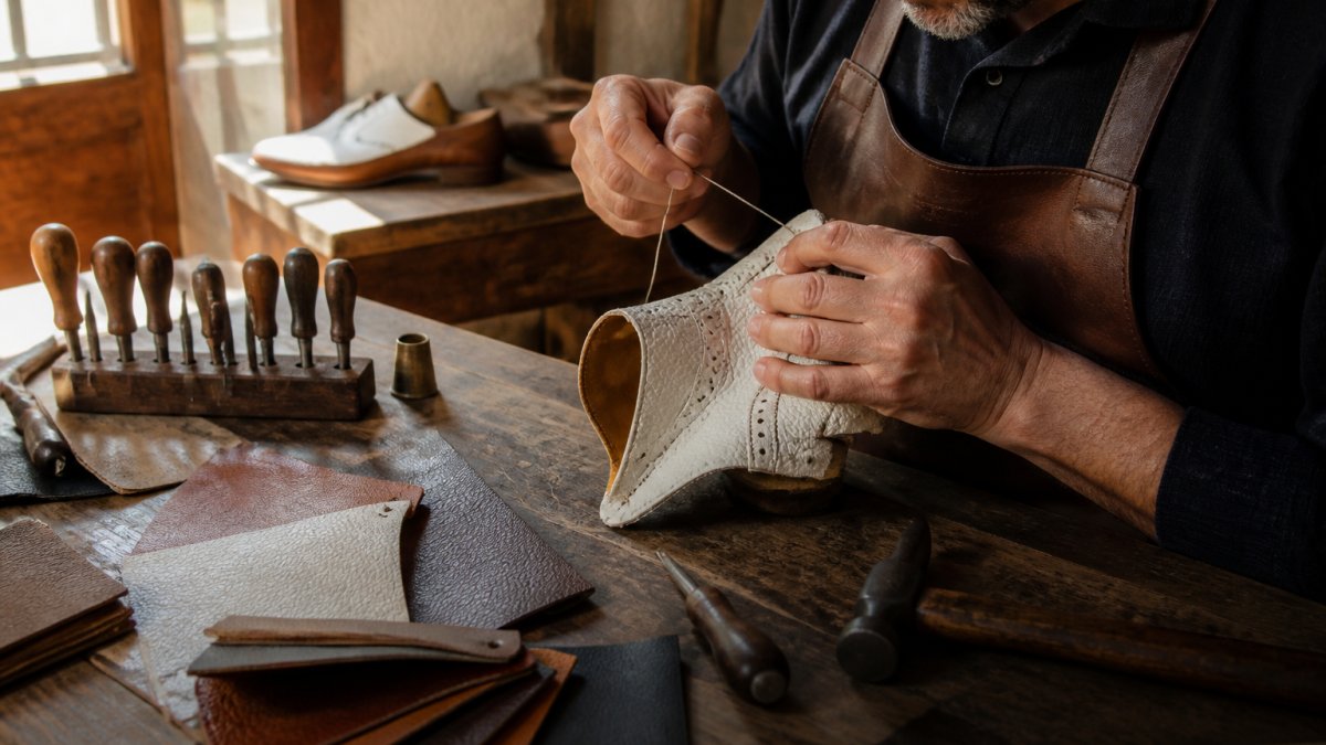 Craftsman hand-stitching a leather shoe upper in a sunlit workshop with tools and material swatches nearby